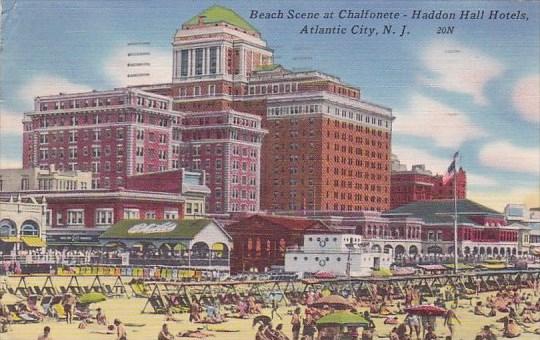 New Jersey Atlantic City Beach Scene At Chalfonete Haddon Hall Hotels 1955