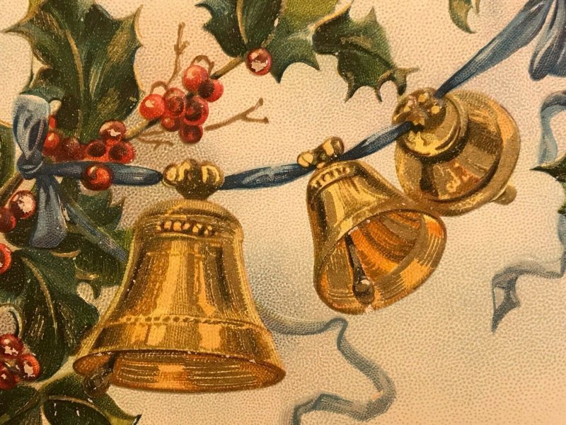 Circa 1907 Raphael Tuck Embossed Gilt Bells Postcard Christmas Holly Berries 