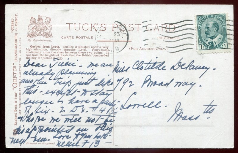 h2587 - QUEBEC CITY Postcard 1909 View from Levis by Tuck