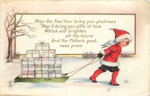 New Year~Red Suit Winged Boy Pulls Sled of Gifts~12 Months~Emboss~Whitney Made 