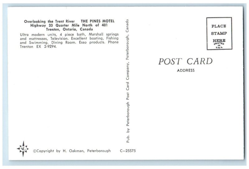 c1950's Overlooking Trent River The Pines Motel Trenton Ontario Canada Postcard