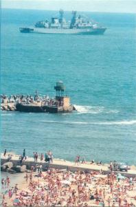 Romania Beach at Mamaia Black sea resort military ship lighthouse pier postcard