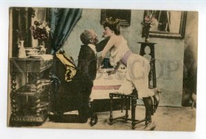 493117 BROTHEL Drunken Kneeling Old Man & NUDE girl Vintage postcard