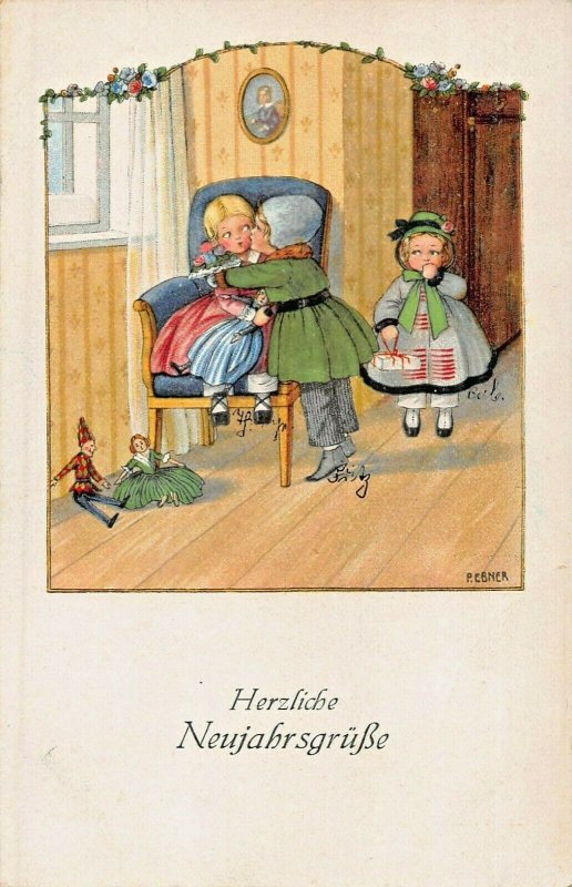 HERZLICHE NEUJAHRSGRUBE-HAPPY NEW YEAR~KISSING UNDER MISSILETOE-P EBNER POSTCARD