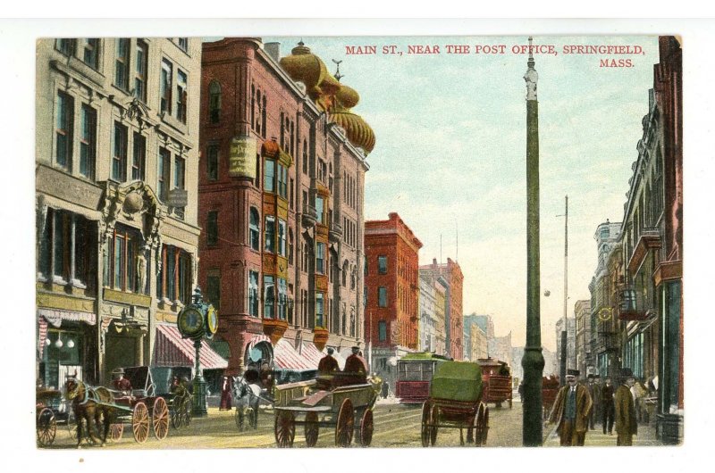 MA - Springfield. Main Street, Near Post Office. Trolley, Horses, Wagons