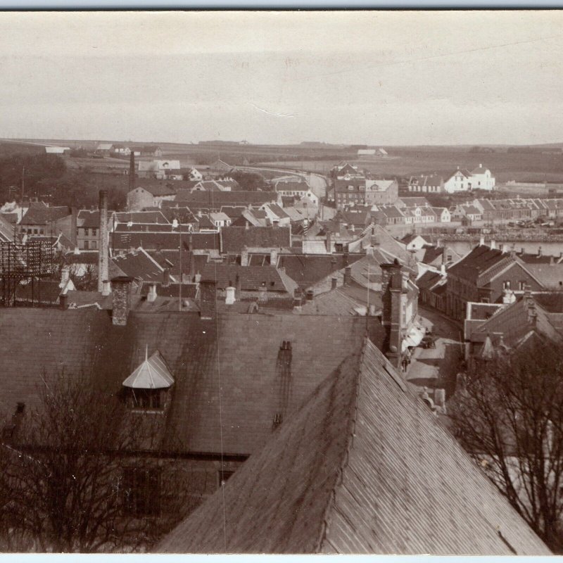 c1910s Thiested, Denmark RPPC Church Tower Birds Eye Town View Rooftops A338