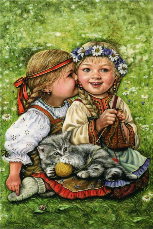 Little Girls Girlfriends in Folk Costume & Cat Yarn SEW Russia Modern Postcard