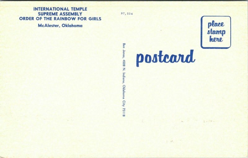 International Temple Supreme Assembly Order Rainbows Girls McAlester OK Postcard 