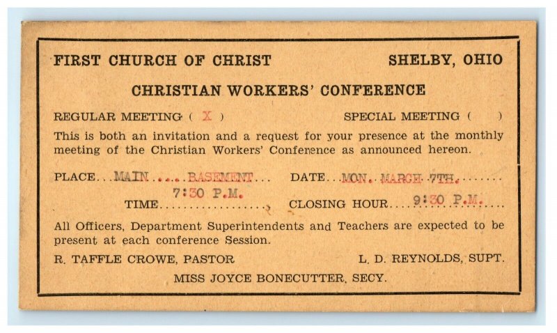 1932 Church Christian Workers Confernce Meeting Shelby Ohio Advertising Postcard