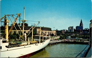 Vtg Port of Cleveland Skyline Stadium in background Cleveland Ohio OH Postcard