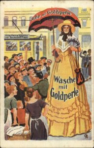 Laundry Soap GOLDPERLE Tall Woman in Street Stilts? Crowd in Street Postcard