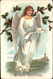 Christmas Pretty Young Girl Angel with Scroll c1910 Vintage Postcard