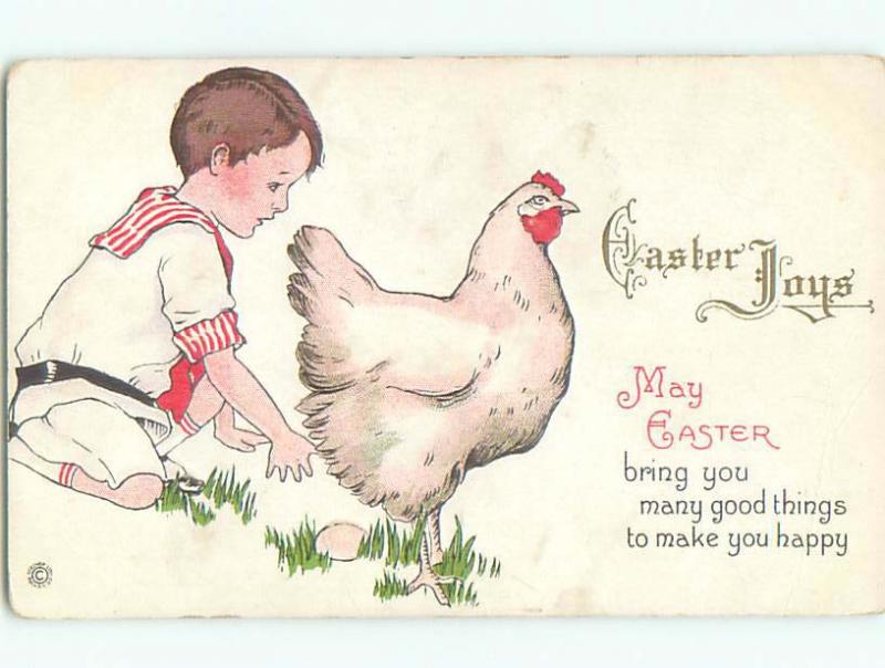 Pre-Linen easter BOY COLLECTS EGG LAID BY CHICKEN k2889