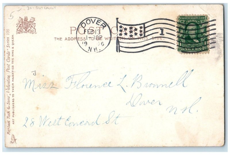 1906 Valentine Couple Hugging Handwarmer Dog Outcault Dover NH Tuck's Postcard