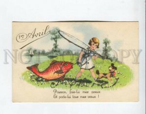 3161381 1 April FISHING Fisherman Girl HUGE FISH Dog Vintage PC