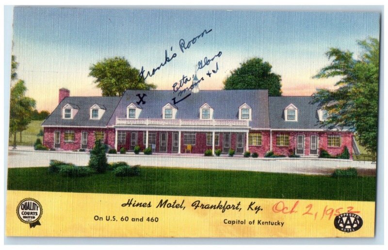 c1940 Hines Motel Exterior Building Blue Grass Inn Frankfort Kentucky Postcard