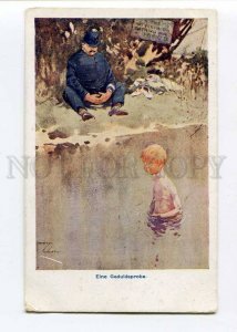 262616 Nude Boy in Water & POLICEMAN by Lawson WOOD Vintage PC