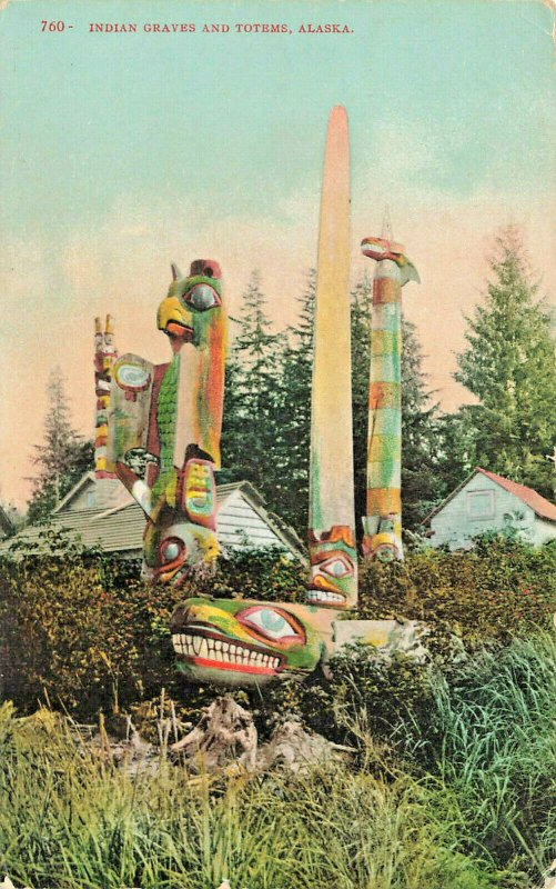Indian Graves and Beautiful Totem Poles in 1908 Postcard