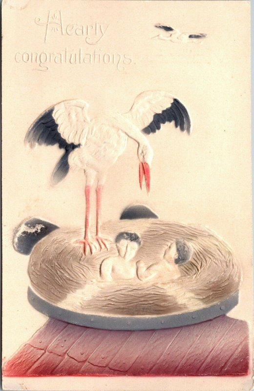 Stork Hearty Congratulations Airbrushed Antique Postcard Vintage Post Card