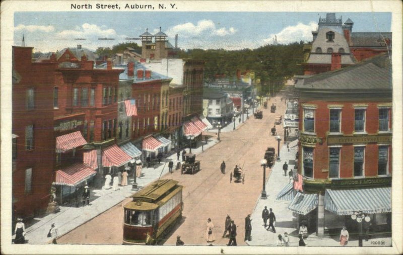 Auburn NY North St. Trolley Drugstore Bottom Right c1920 Postcard