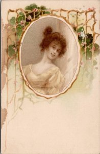 Art Nouveau Beauty Lovely Woman Cameo Floral Rustic Branches Postcard Z16