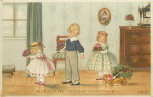 Pauli Ebner German New Year Postcard Victorian Children bring Gifts M.M. 1168