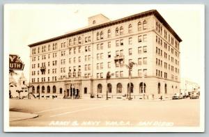 San Diego CA~Army & Navy YMCA~Cafe~Chrysler Plymouth Dealer Behind~1940s RPPC