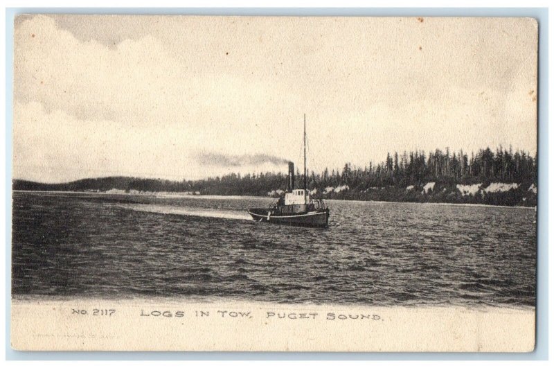 c1920's Logs In Tow Tugboat Steamer Boat View Puget Sound Washington WA Postcard
