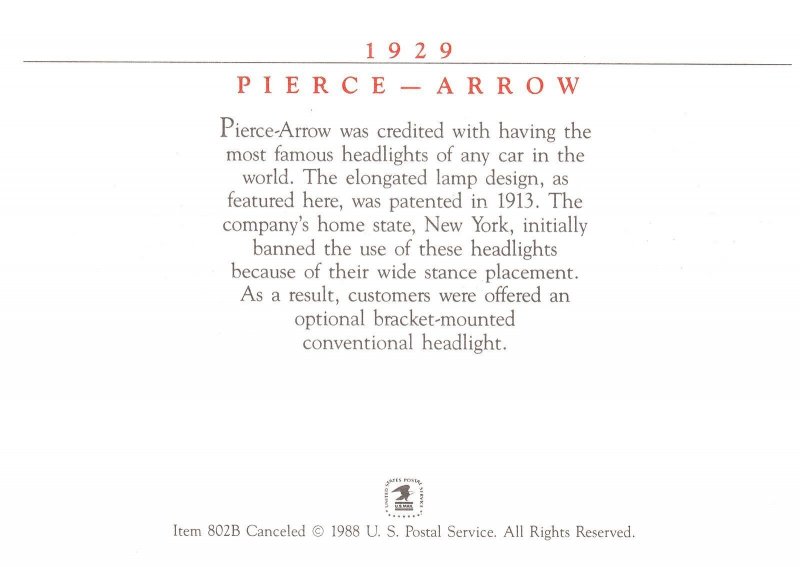 1921 PIERCE-ARROW ANTIQUE CAR ON FIRST DAY US POSTAL SERVICE CONTINENTAL SIZE