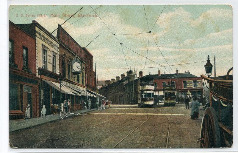 Main Street Trams Blackrock County Dublin Ireland 1907c postcard