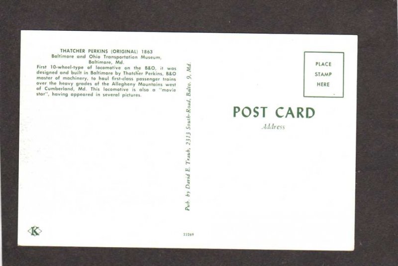 MD Thatcher Perkins Railroad Train Engine Baltimore Maryland RR Postcard
