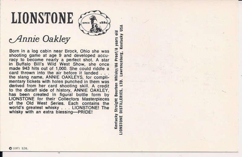 Annie Oakley, Lionstone Bourbon KY Whisky Bottle Advertising, 1971. Wild West