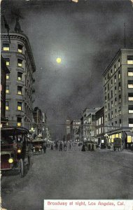 Los Angeles California 1909 Postcard Broadway at Night Cars Stores