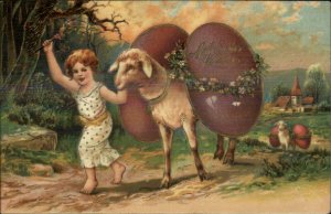 Easter - Child Leading Sheep Carrying Large Purple Eggs PFB c1910 Postcard