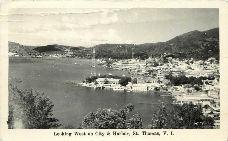RPPC Postcard; Looking West on City & Harbor, St. Thomas V.I. Posted 1945