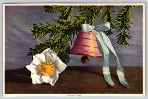 Flowers~Christmas Rose & Bell W/ Ribbon On Pine~Printed In Switzerland~Postcard
