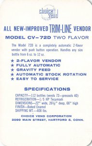 Hartford CT Choice Vend-Line Vendor Model CV-72D TWO FLAVOR, Tradecard