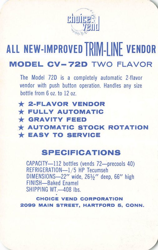 Hartford CT Choice Vend-Line Vendor Model CV-72D TWO FLAVOR, Tradecard