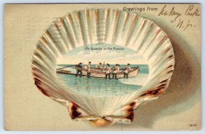 1908 LIFE GUARDS TO THE RESCUE GREETINGS FROM ASBURY PARK NJ SEA SHELL EMBOSSED