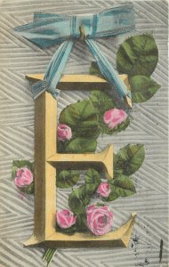 c1908 Hand-Colored Postcard Large Alphabet Letter E Blue Bow & Pink Roses