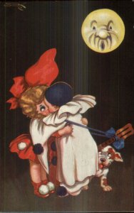 Art Deco Children Clowns Pierrots Man in the Moon Old Postcard