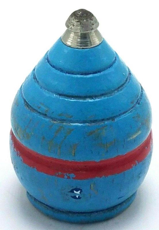 Vintage Wood Spinning Top Metal Tip Original Paint wood Blue w Red Stripe