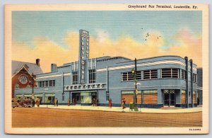 Vintage Postcard 1953 Greyhound Bus Terminal Depot Sidewalk Louisville Kentucky