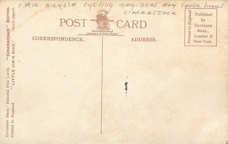 Postcard C-1910 Bicycle cycling beginner boy comic humor crackerjack TP24-398