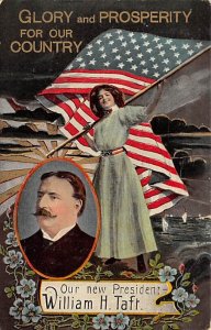 Woman Waving American Flag William H. Taft View Postcard Backing 