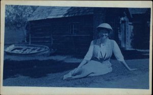 Pretty Woman Poses on Lawn c1910 Amateur Cyanotype Real Photo Postcard
