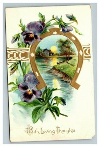 Vintage 1900's Tuck's Postcard Gold Horseshoe Purple Flowers Country Scene NICE