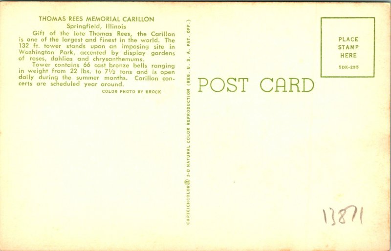 Springfield IL Thomas Rees Memorial Carillon Postcard unused (13871)