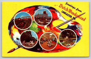 Greetings From Lancaster Pennsylvania~Paint Palette Multi-View~PM 1970~Postcard