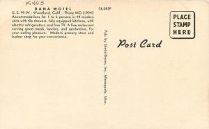 Dana Motel roadside Woodland California 1940s Postcard Shedd Brown 13213